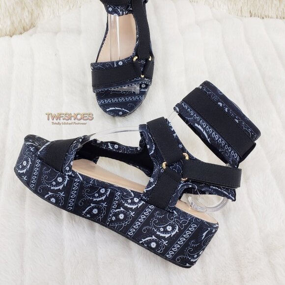 Bandanna 2" Platform Sandals harness strap shoes Black Bandana - Picture 5 of 14